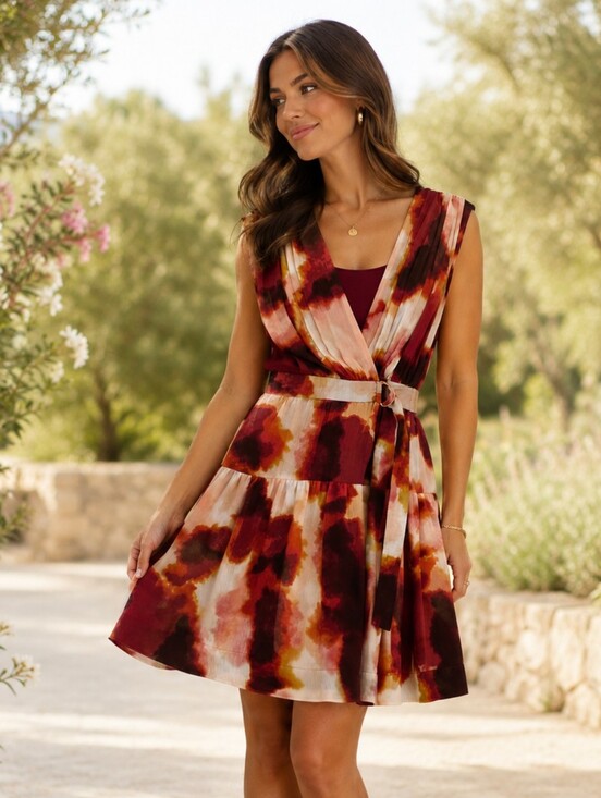 Taylor Dresses & Skirts - Taylor Sleeveless V-Neck Tie-Detailed Dress in Burgundy & Blush, L